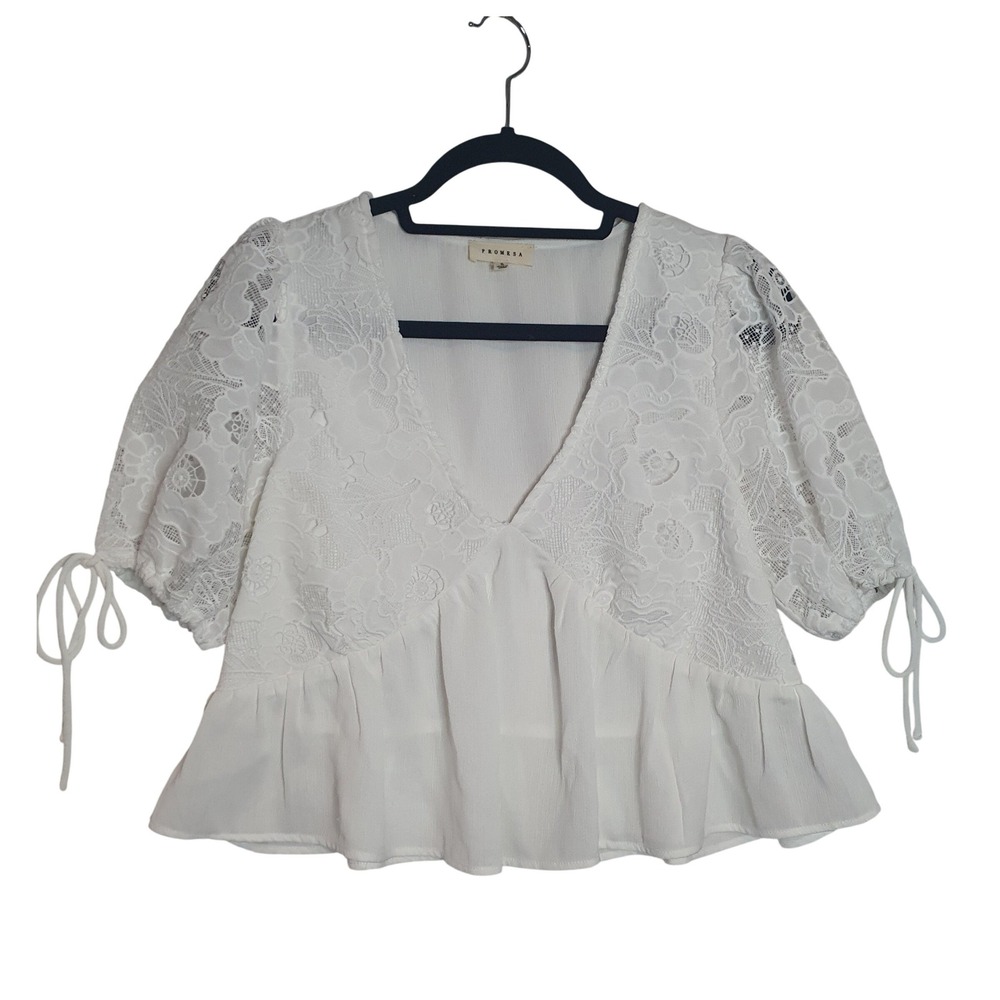 Promesa White Lace Puff Sleeve Cropped Peplum Blouse V-Neck Small Juniors Floral